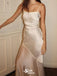 Elegant Champagne Spaghetti Straps Sheath Satin Long Prom Dresses ,WGP1078