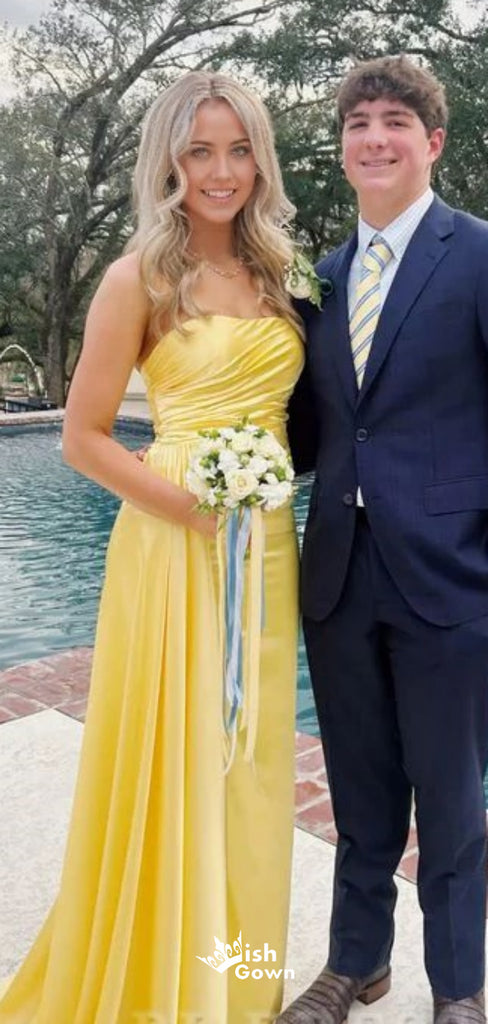 Stylish Yellow Strapless A-line Pleats Satin Long Prom Dresses ,WGP1079