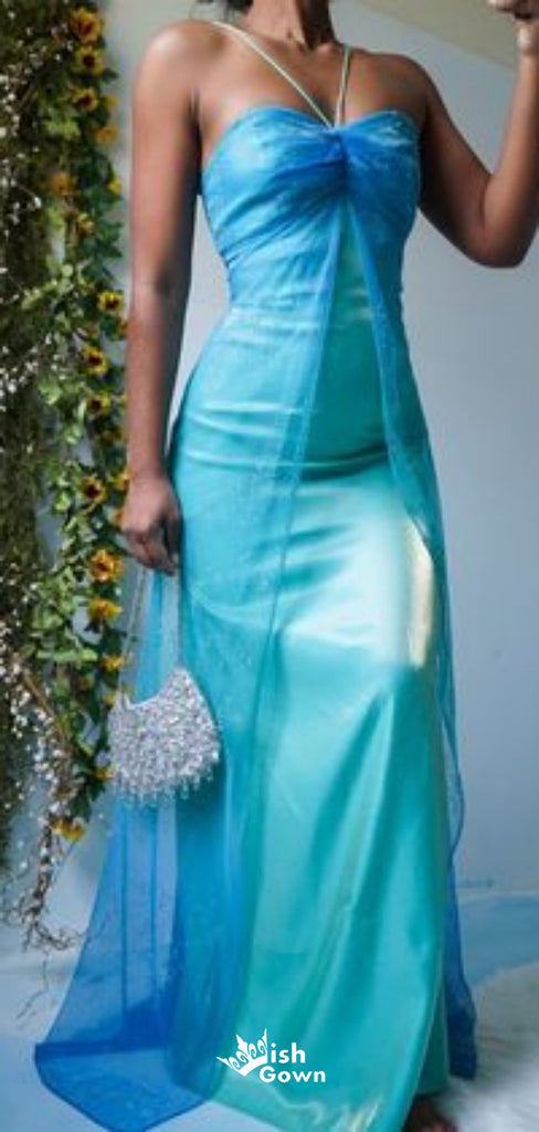 Sexy Blue Mermaid Satin Long Prom Dresses ,WGP1080