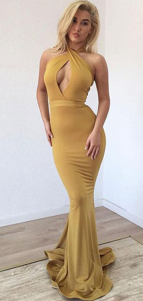 Sexy Golden Halter Strap Mermaid Long Sleeve Popular Long Evening Dresses, Formal Dresses, Birthday Party, WGP658