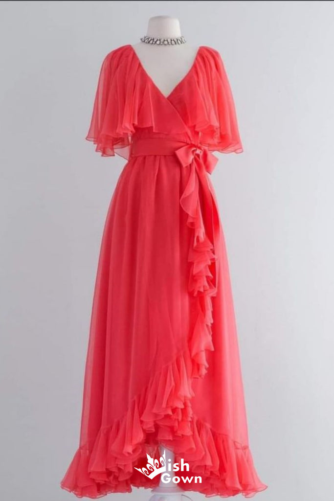 Stylish Watermelon A-line Chiffon V Neck Long Prom Dresses ,WGP1086