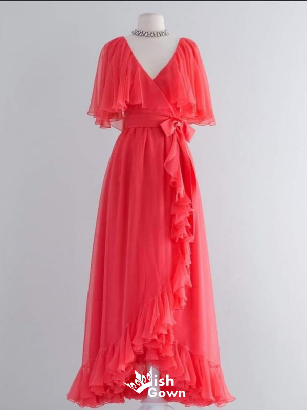 Stylish Watermelon A-line Chiffon V Neck Long Prom Dresses ,WGP1086