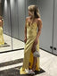 Sexy Yellow Spaghetti Straps V Neck Side Slit Sheath Satin Long Prom Dresses ,WGP1088