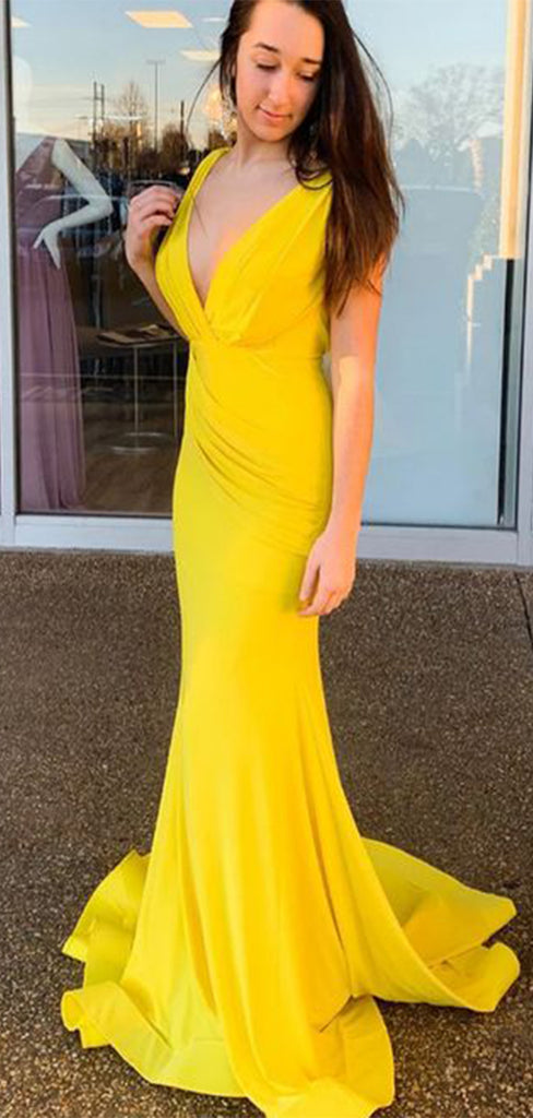 Sexy Yellow V-Neck Long Sleeve Popular Long Evening Dresses, Formal Dresses, Birthday Party, WGP677