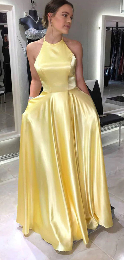 Elegant Yellow Halter A-Line Long Sleeve Popular Long Evening Dresses, Formal Dresses, Birthday Party, WGP687