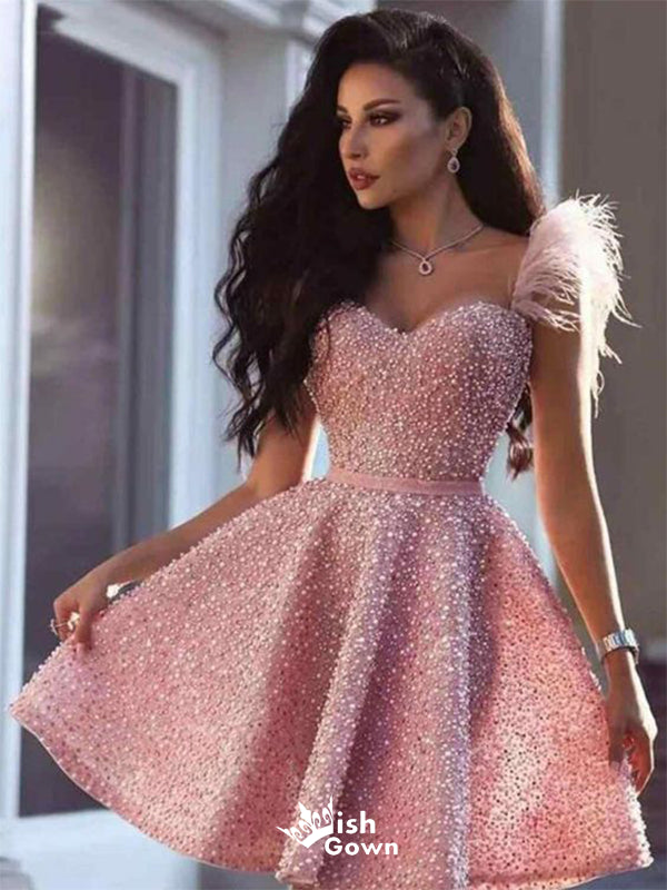 Sparkly Pink Sweetheart One-shoulder Popular Cheap Short Homecoming Dresses, EPT193