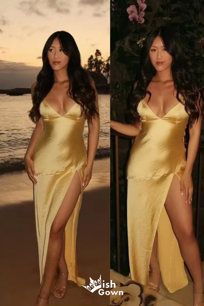 Sexy Spaghetti Straps Satin Yellow V Neck Side Slit Sheath Long Prom Dresses ,WGP1092