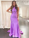 Elegant Purple Halter Strap Mermaid Long Sleeve Popular Long Evening Dresses, Formal Dresses, Birthday Party, WGP688