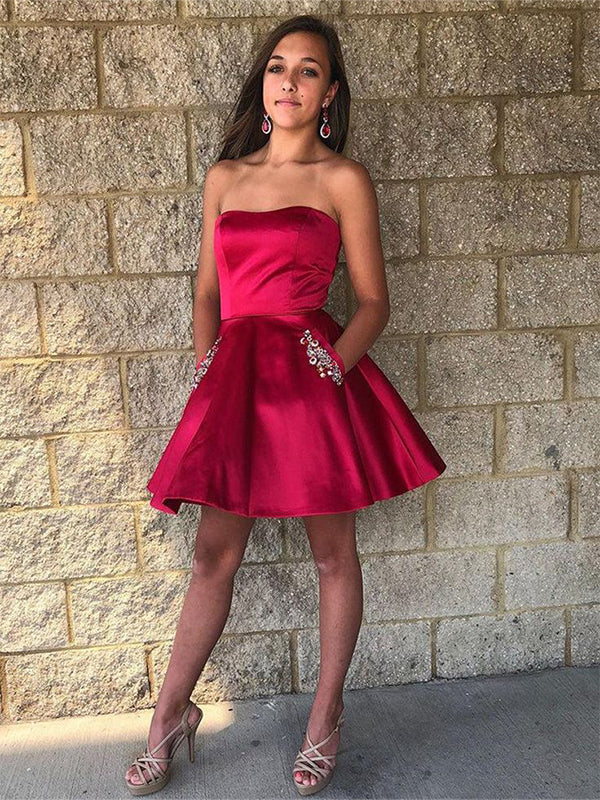 Sexy Red Strapless Beads Sleeveless Popular Cheap Short Homecoming Dresses, Birthday Party EPT243