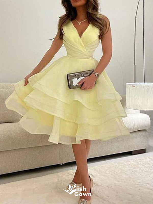 Elegant Yellow V-Neck A-line sleeveless Popular Cheap Short Homecoming Dresses, EPT194