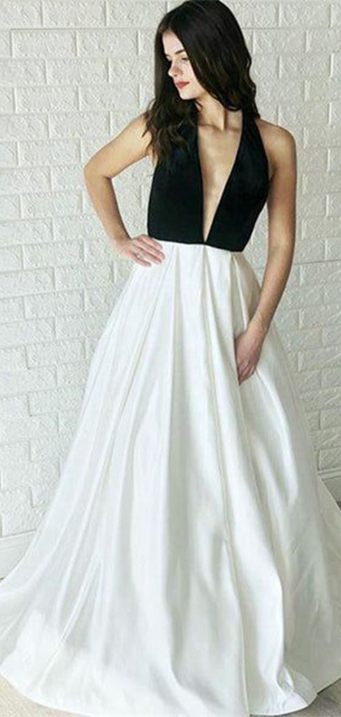 Elegant White Black V-Neck A-Line Long Sleeveless Popular Long Evening Dresses, Formal Dresses, WGP702