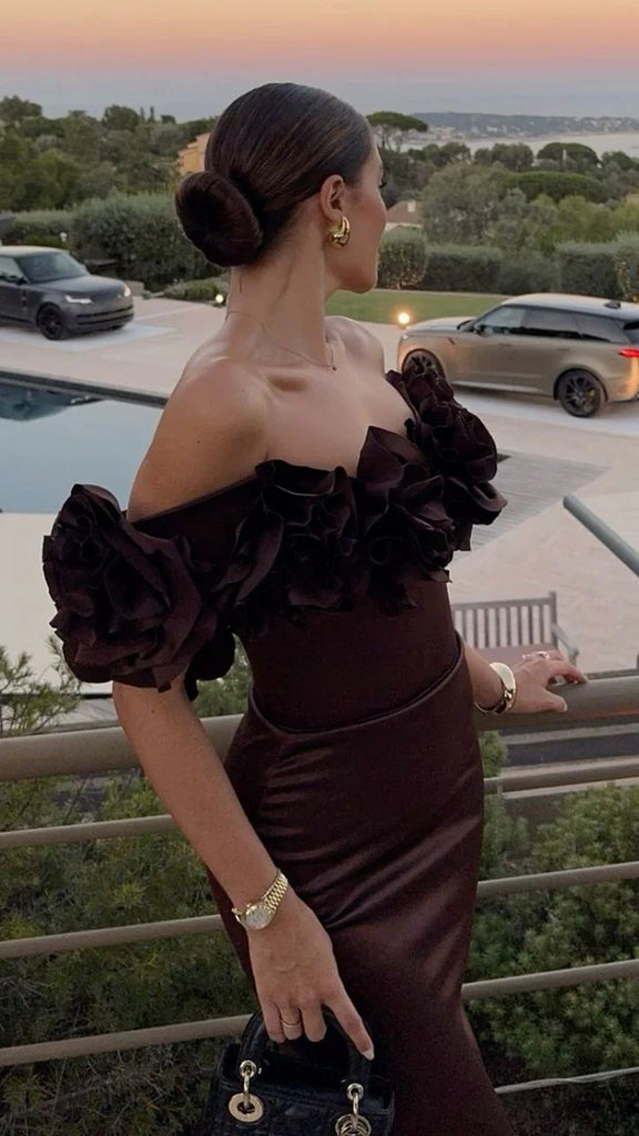 Elegant Brown Off-Shoulder Mermaid Floral Long Prom Dress Ideas, Evening Party Dresses,WGP1743
