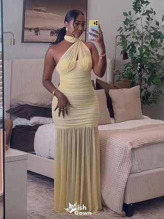 Unique Yellow High Neck Mermaid  Long Prom Dress Ideas, Evening Party Dresses,WGP1804