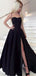 Elegant Black Spaghetti Strap A-Line Side Slit Long Sleeveless Popular Long Evening Dresses, Formal Dresses, WGP704