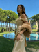 Luxurious Gold Satin Off-Shoulder Prom Gown with Draped Neckline Slim Silhouette,WGP2195