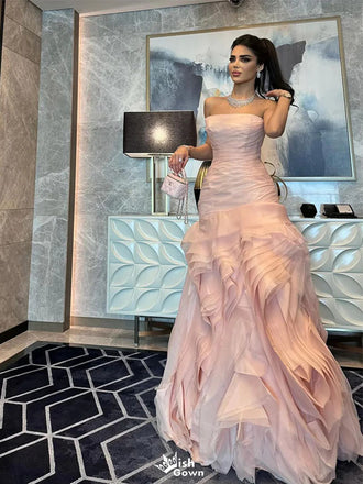 Modern Pale Pink Ruffle Prom Dress Strapless Tiered Tulle Party Gown,WGP2135