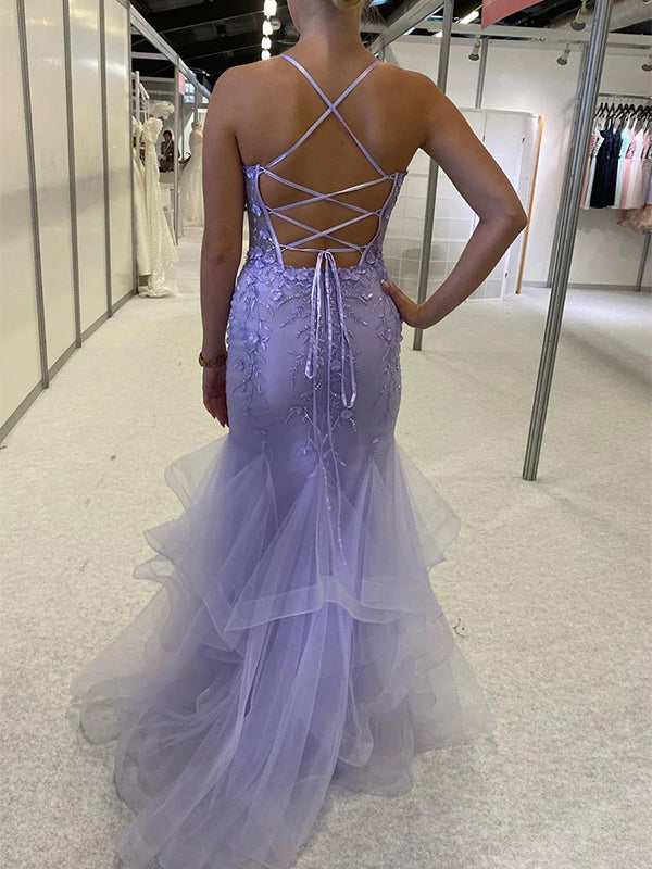 Sexy Purple Mermaid Spaghetti Strap Lace Long Sleeveless Long Party Prom Dresses,Evening Dress Online, WGP740