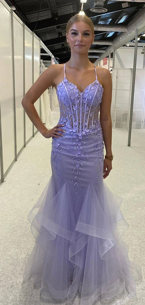 Sexy Purple Mermaid Spaghetti Strap Lace Long Sleeveless Long Party Prom Dresses,Evening Dress Online, WGP740