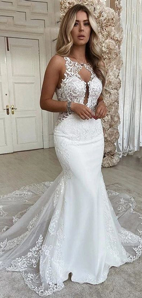 Romantic Lace Halter Mermaid Long With Trailing Flower Lace Popular Bridal Long Wedding Dresses, WDH158