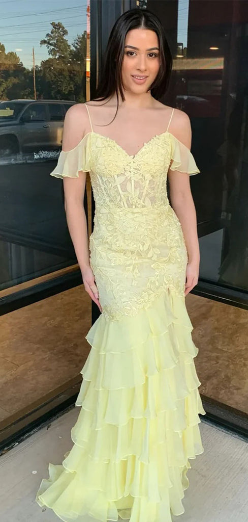 Elegant Yellow Spaghetti Strap Mermaid Long Prom Dress Ideas, Evening Party Dresses,WGP1931