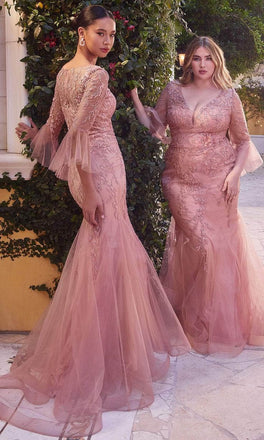 Unique Pink Lace Long Sleeve Mermaid  Long Prom Dress Ideas, Evening Party Dresses,WGP1691