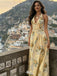 Fancy Floral Print Halter Prom Dress Yellow Corset Style A-Line Maxi Gown,WGP2218