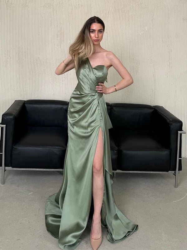 Sexy Green One Shoulder Mermaid Side Slit Long Sleeveless Long Party Prom Dresses,Evening Dress Online, WGP762