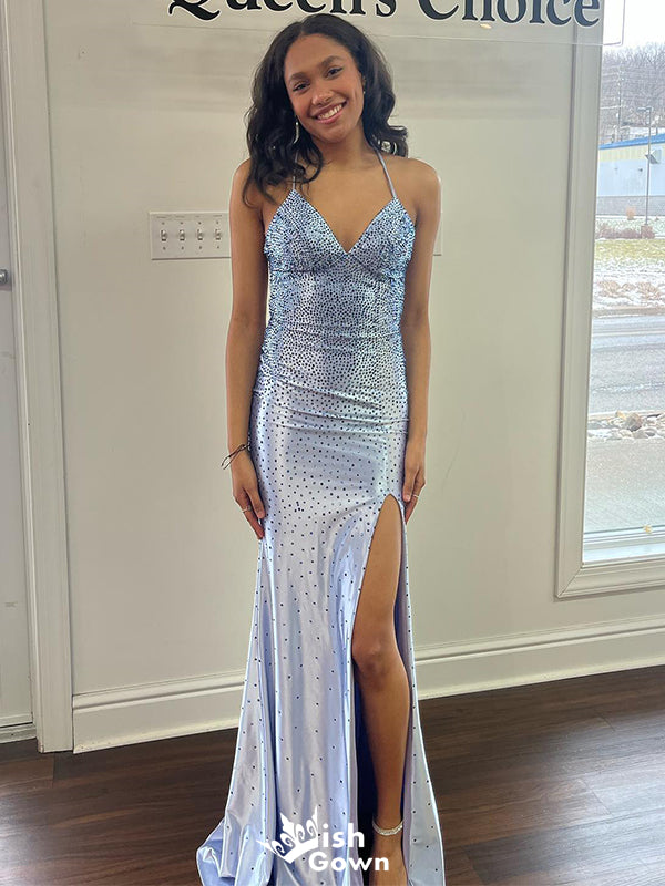 Sexy Baby Blue Spaghetti Strap Mermaid Side Slit Long Sleeveless Long Party Prom Dresses,Evening Dress Online, WGP768