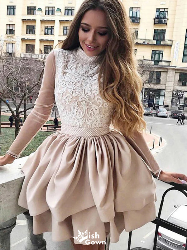 Elegant Pink Long Sleeve Ball Gown Lace Popular Cheap Short Homecoming Dresses, EPT287