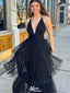 Elegant Black Spaghetti Strap V-Neck Long Sleeveless Long Party Prom Dresses,Evening Dress Online, WGP790