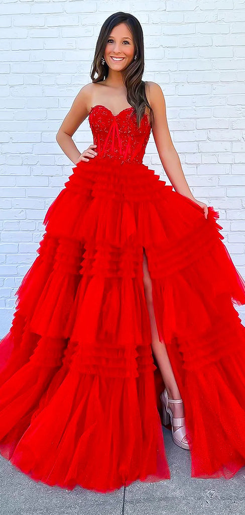 Gorgeous Red A-Line Sweetheart Side Slit Popular Long Evening Dresses, Formal Dresses, Birthday Party, WGP567