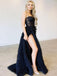 Sexy Black Spaghetti Strap A-Line Side Slit Party Prom Dresses,Evening Dress Online, WGP810