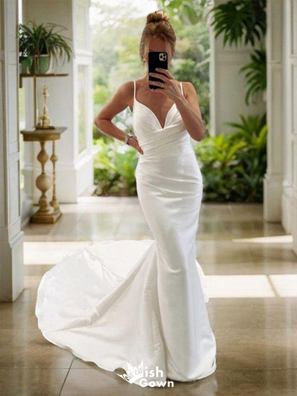 Romantic Mermaid Spaghetti Straps V Neck With Train Popular Bridal Long Wedding Dresses, WDH111