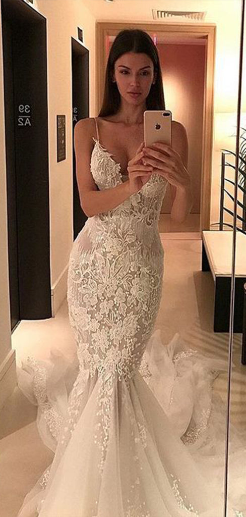 Sexy Mermaid Spaghetti Straps V Neck Sleeveless With Trailing Applique Popular Bridal Long Wedding Dresses, WDH124