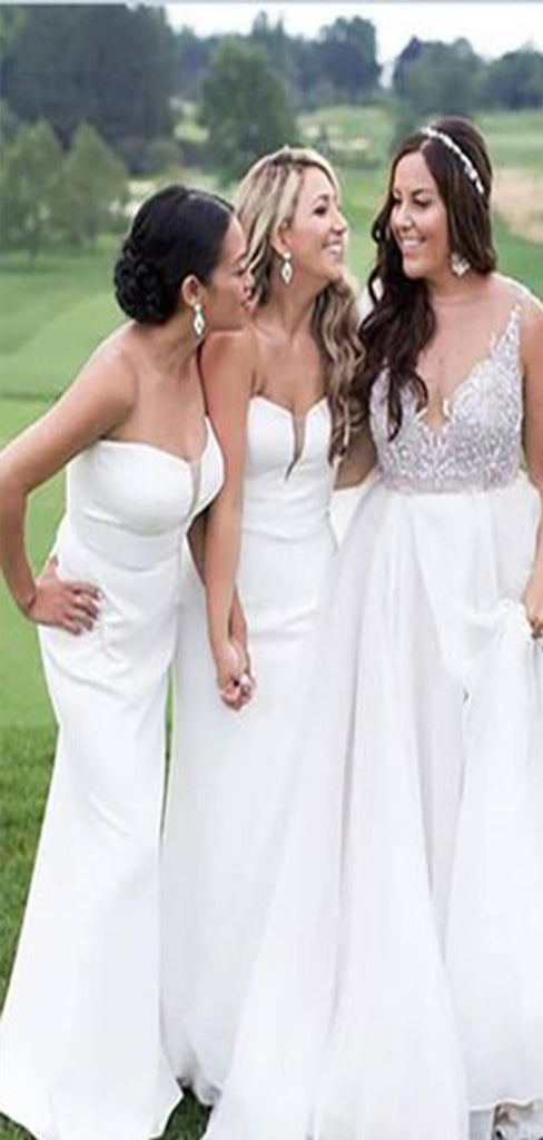 Unique White Mermaid Strapless Sleeveless Popular Cheap Maxi Long Wedding Guest Bridesmaid Dresses,WGM266