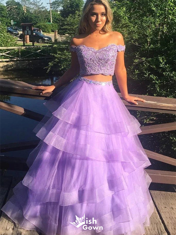 Two Pieces Purple Off Shoulder V Neck Sequins Cheap Maxi Long Party Prom Gowns,Evening Dresses,WGP421