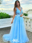Charming Light Blue A-Line Spaghetti Straps V Neck Applique Cheap Maxi Long Party Prom Gowns,Evening Dresses,WGP439