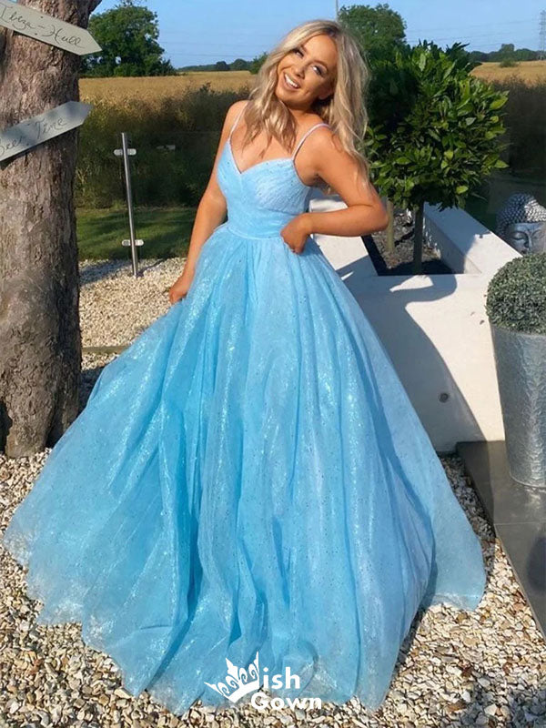 Charming Blue A-Line Spaghetti Straps V Neck Sequin Cheap Maxi Long Party Prom Gowns,Evening Dresses,WGP440