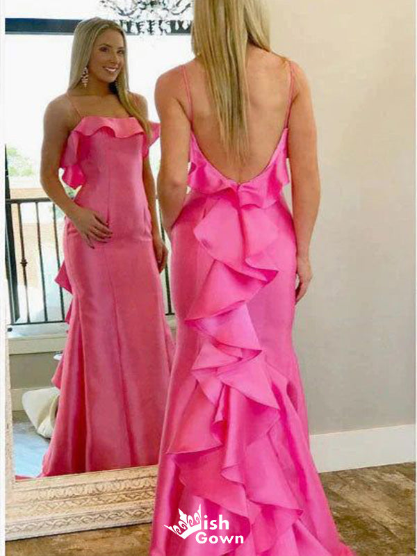 Charming Pink Mermaid Spaghetti Straps Square Backless Ruffle Cheap Maxi Long Party Prom Gowns,Evening Dresses,WGP448