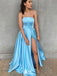 Gorgeous Blue A-Line Strapless Sleeveless Side Slit Cheap Maxi Long Party Prom Gowns,Evening Dresses,WGP451