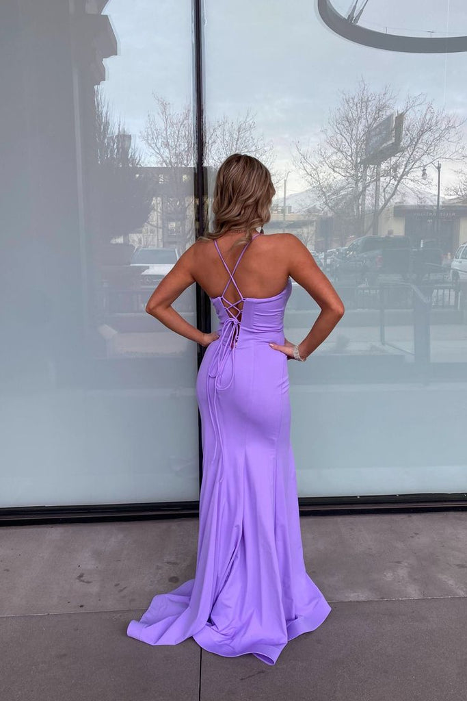 Gorgeous Purple Mermaid Spaghetti Straps V Neck Side Slit Sequin Cheap Maxi Long Party Prom Gowns,Evening Dresses,WGP457