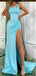 Unique Blue Mermaid Halter Square Side Slit Cheap Maxi Long Party Prom Gowns,Evening Dresses,WGP460
