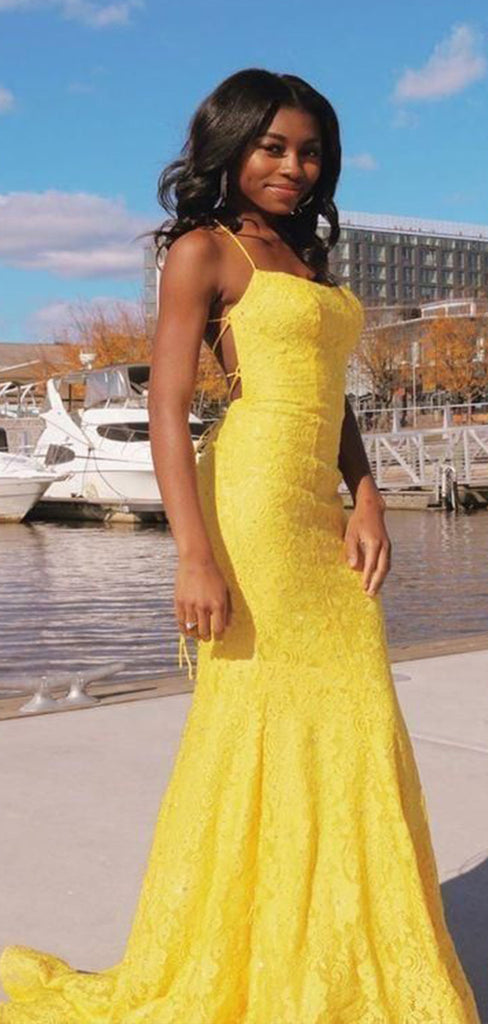 Sexy Yellow Mermaid Spaghetti Straps Square Sleeveless Lace Cheap Maxi Long Party Prom Gowns,Evening Dresses,WGP469