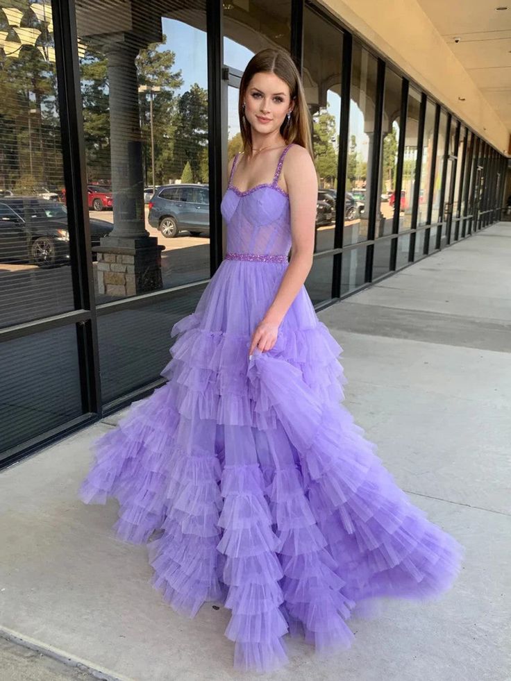 Elegant Purple A-line Sweetheart Spaghetti Straps Sleeveless Ruffle Beads Cheap Maxi Long Party Prom Gowns,Evening Dresses,WGP483