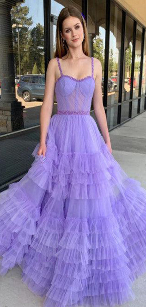 Elegant Purple A-line Sweetheart Spaghetti Straps Sleeveless Ruffle Beads Cheap Maxi Long Party Prom Gowns,Evening Dresses,WGP483