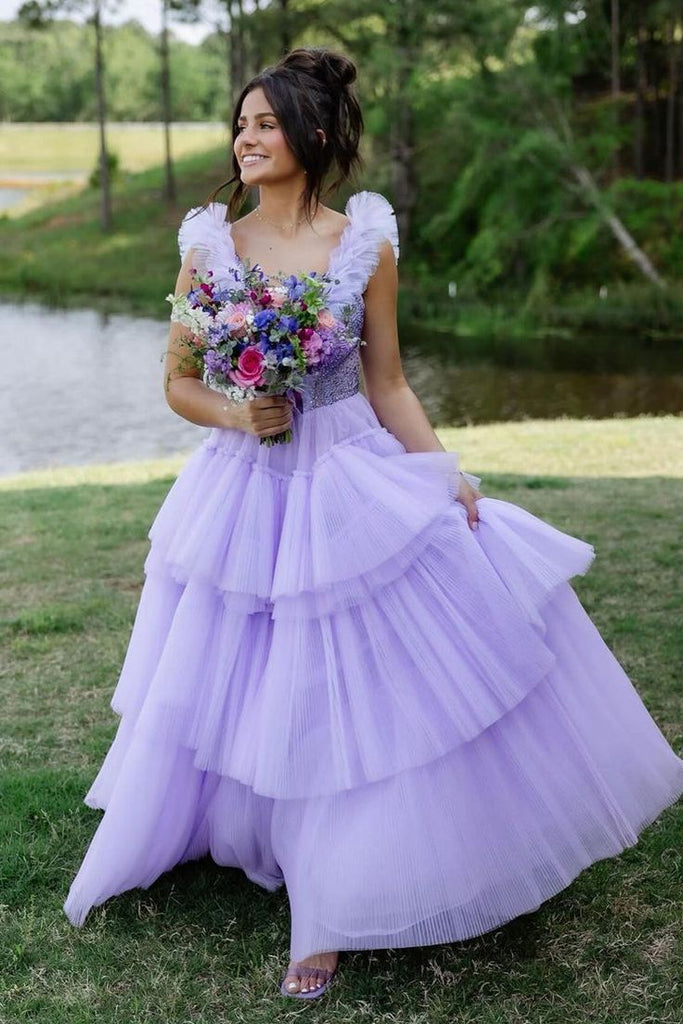 Gorgeous Light Purple A-line Straps V Neck Sleeveless Ruffle Sequin Cheap Maxi Long Party Prom Gowns,Evening Dresses,WGP484