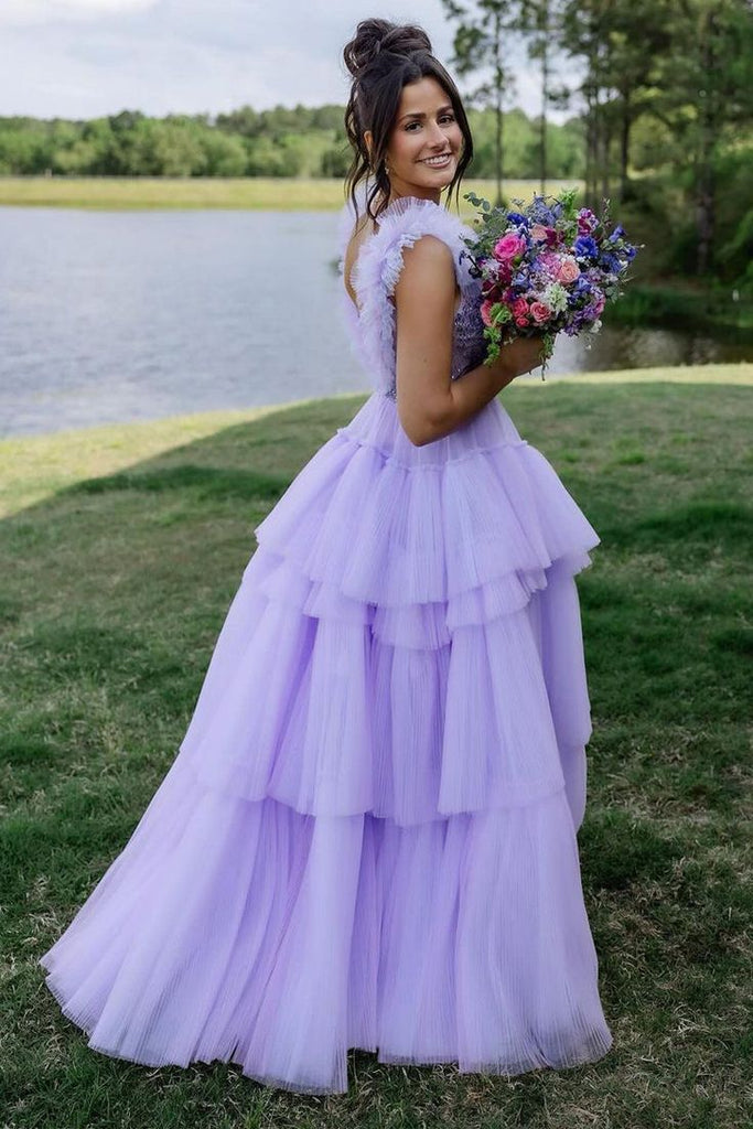 Gorgeous Light Purple A-line Straps V Neck Sleeveless Ruffle Sequin Cheap Maxi Long Party Prom Gowns,Evening Dresses,WGP484