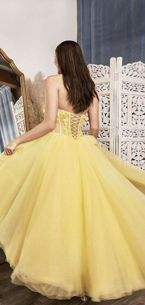 Elegant Yellow Strapless Sleeveless Applique Lace Up Cheap Maxi Long Party Prom Gowns,Evening Dresses,WGP492