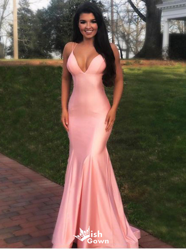 Sexy Pink Mermaid Spaghetti Straps V Neck Sleeveless Lace Up Cheap Maxi Long Party Prom Gowns,Evening Dresses,WGP498