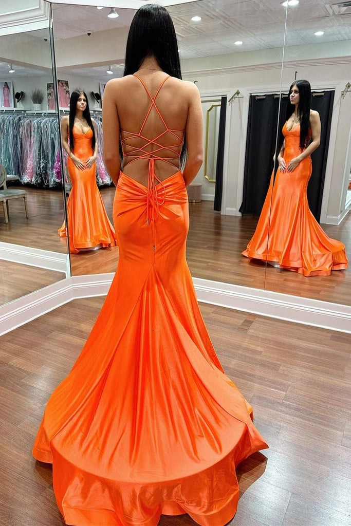 Sexy Orange Mermaid Spaghetti Straps V Neck Sleeveless Lace Up Cheap Maxi Long Party Prom Gowns,Evening Dresses,WGP511